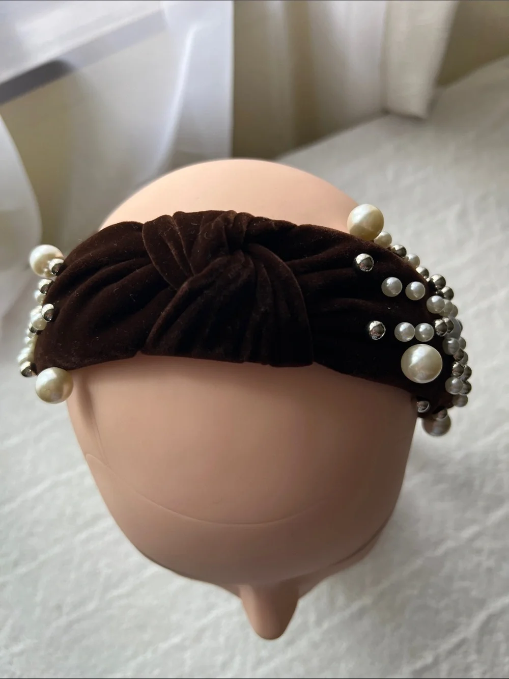 Natasha Couture Brown  Velvet Pearl Rhinestone Knotted Headband Embellished